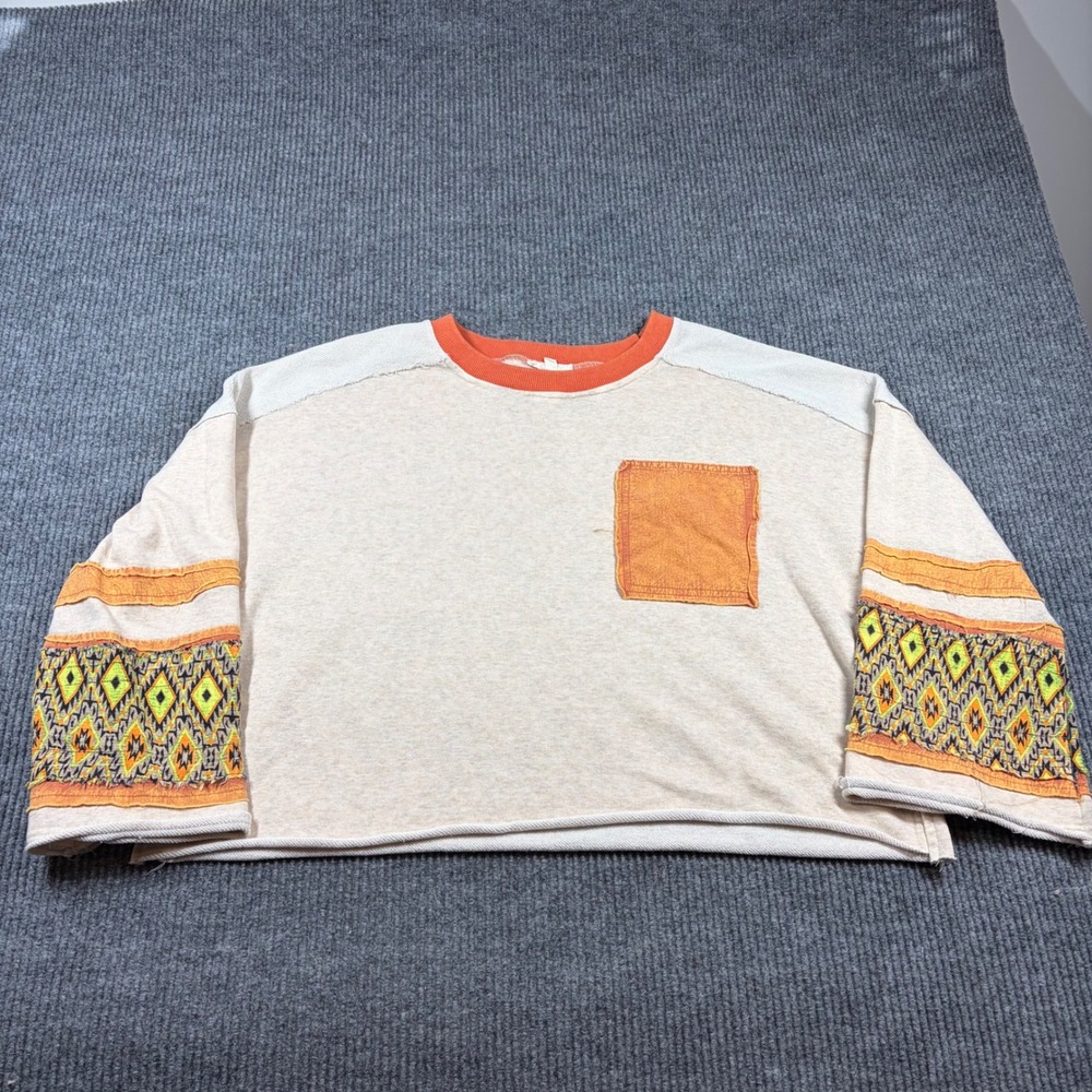 Dru & Hali Sweatshirt Women's L Boho Cropped Orange Beige Aztec Sleeve Pocket
